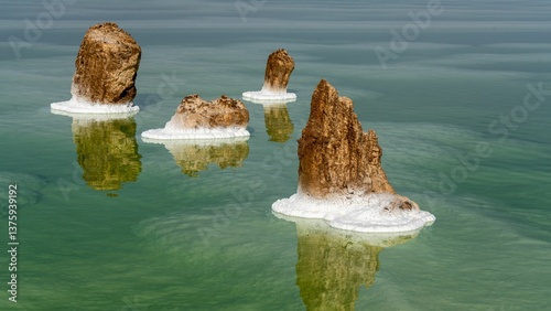 Salt formations emerging from the green waters of the Dead Sea.