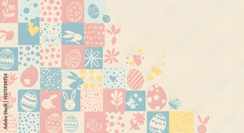 Fototapeta premium A creative Easter patchwork background with various patterns and motifs, ideal for scrapbooking or Easter-themed design projects.