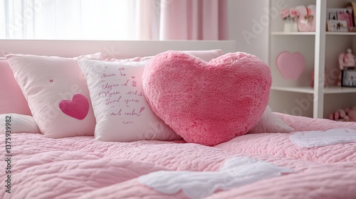 A cozy pink bed decorated with heartshaped pillows