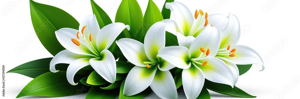 Fototapeta premium Elegant white lilies with green leaves on clean white background