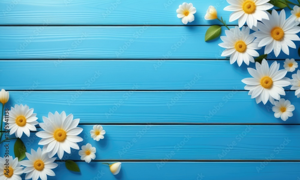 Obraz premium Fresh daisies arranged on a vibrant blue wooden background