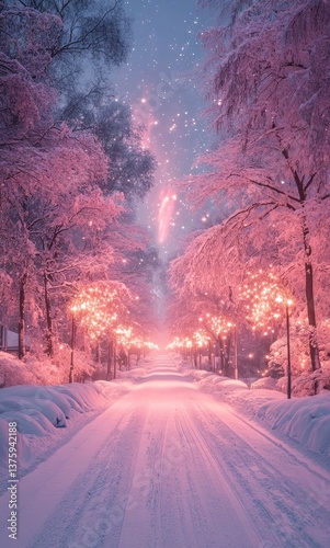 Pink forest under the magical night sky