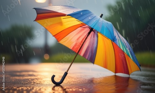 Bright multicolored umbrella on rainy street captures vibrant contrast and moody atmosphere