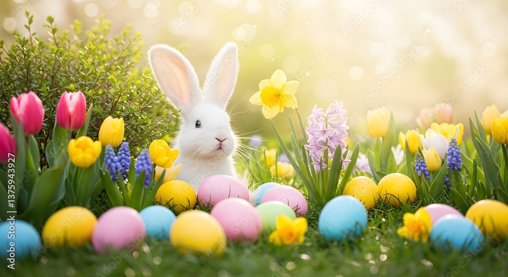 Obraz premium A white bunny surrounded by colorful Easter eggs in a sunny garden with tulips and hyacinths, creating a joyful Easter scene for photography or design.