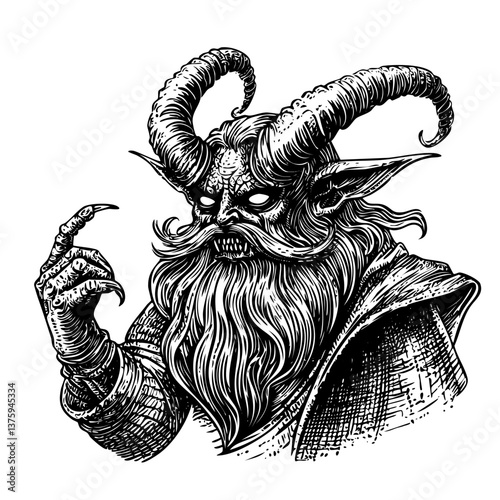 Evil devil sorcerer entity with horns, black and white engraving vintage illustration