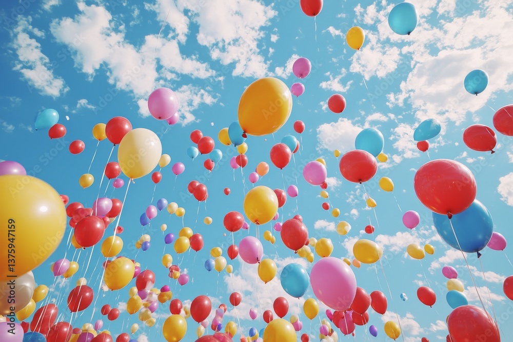 Colorful Balloons Floating in a Clear Blue Sky Filled with White Clouds Colorful Balloons Floating in a Clear Blue Sky Filled with White Clouds