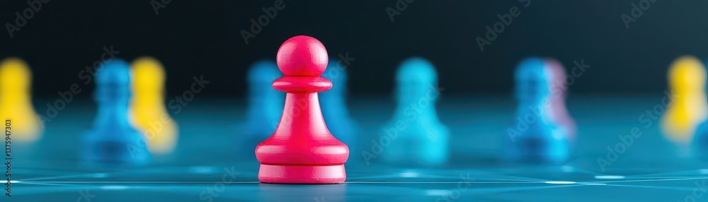 Unique pink chess piece surrounded by a group of blue and yellow chess pieces symbolizing strategy and competitive thinking Unique pink chess piece surrounded by a group of blue and yellow chess pieces symbolizing strategy and competitive thinking