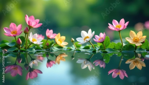 Pastel colored wildflowers reflected in still lake water, creating a floral pattern, purple, elegant