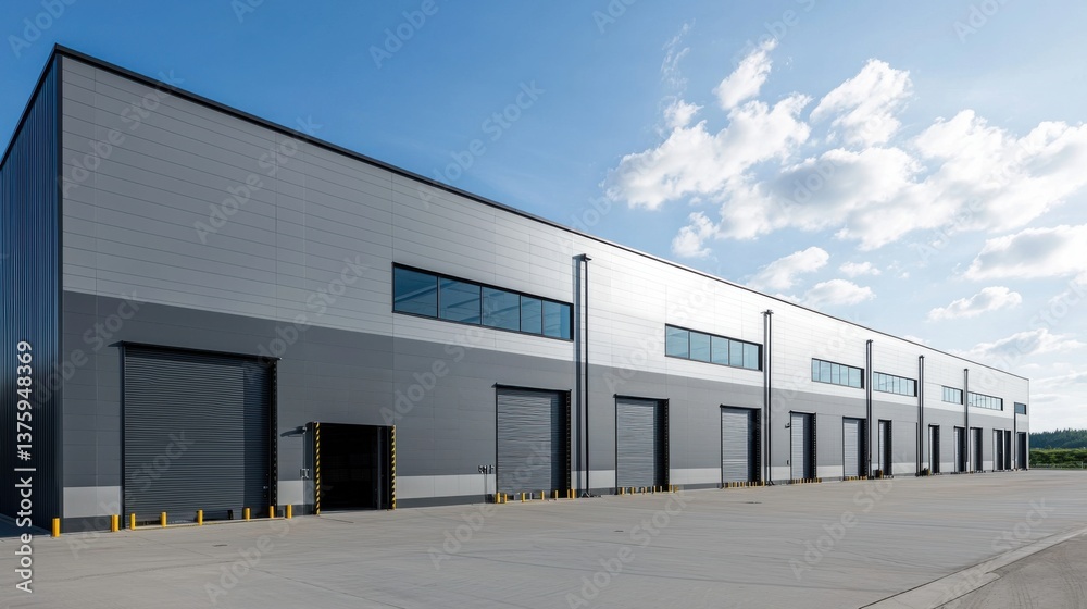Modern warehouse exterior with large windows and a clear blue sky. Modern warehouse exterior with large windows and a clear blue sky.
