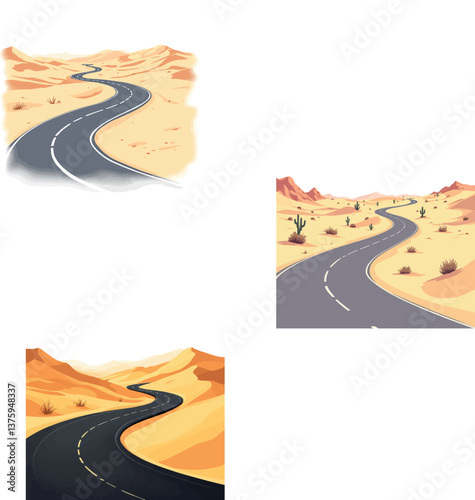 Winding road stretching through a vast desert landscape