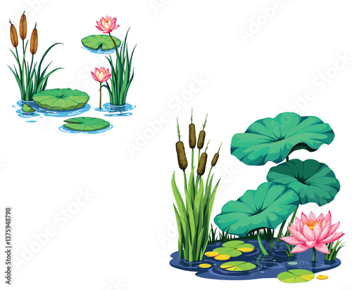 Pink water lilies and cattails growing in pond