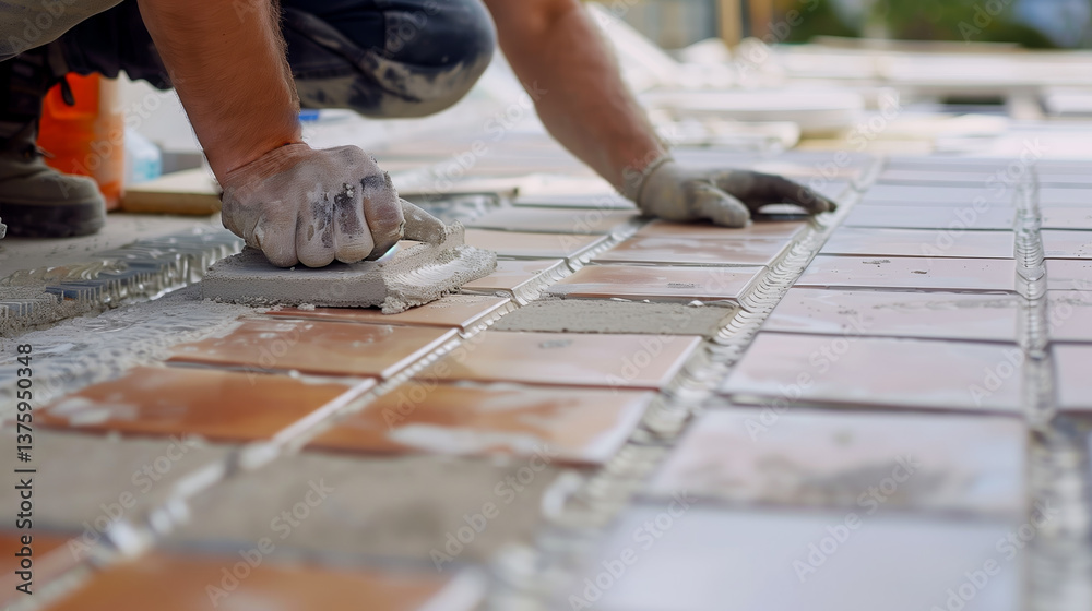 Obraz premium Builder master men laying tile floor - men working. Building constructions. Work concept. Tile construction. Tile installation