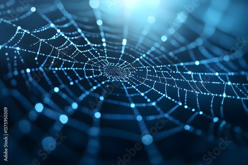 3D rendering of a holographic blue spider on a web.
