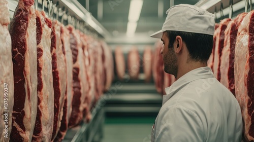 Butcher inspecting quality meats in a meat processing facility.