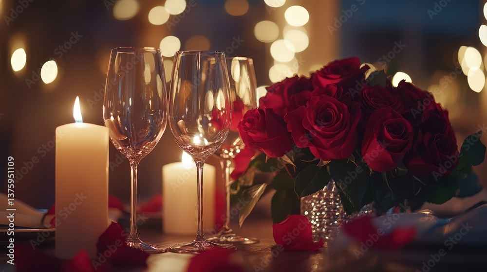 Obraz premium Romantic dinner table setting includes roses candles and glasses