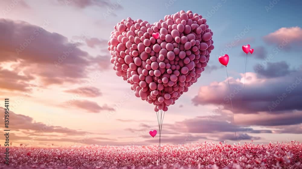 A whimsical heart shaped balloon display gracefully hovers above a sprawling field that is completely blanketed with vibrant pink flowers as the sun sets in a breathtaking array of colors