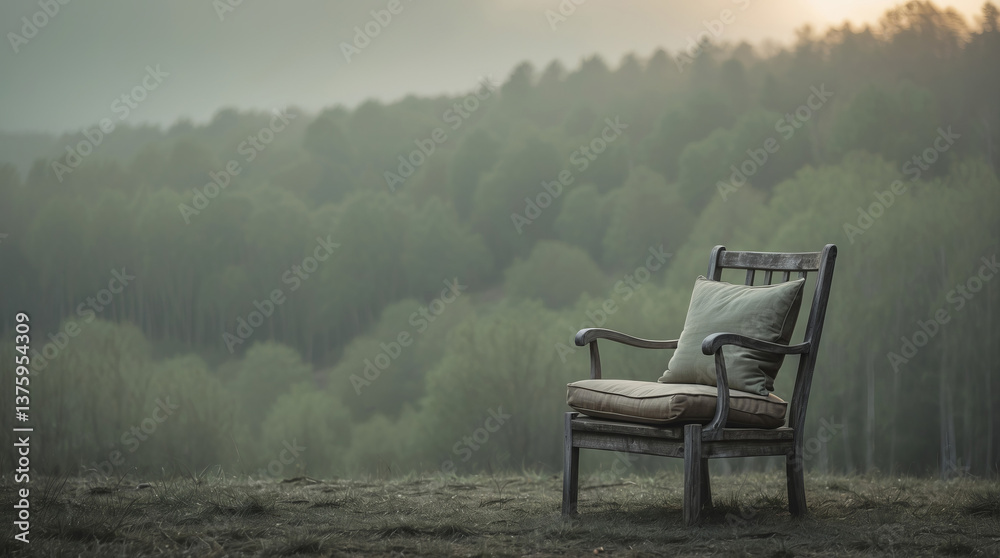 Fototapeta premium Lonely wooden chair with cushion in serene landscape during dawn overlooking a green forest