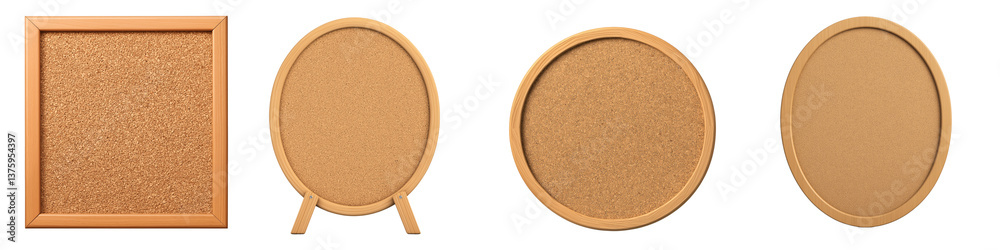 Fototapeta premium Collection of cork boards showcasing a range of shapes and styles, including square and round designs. Ideal for organizing, planning, and displaying notes or photos.