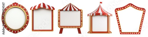Vector illustration of five blank frames with carnival themes, each featuring unique designs resembling circus tents and fairground signs. Ideal for festive, decorative projects.
