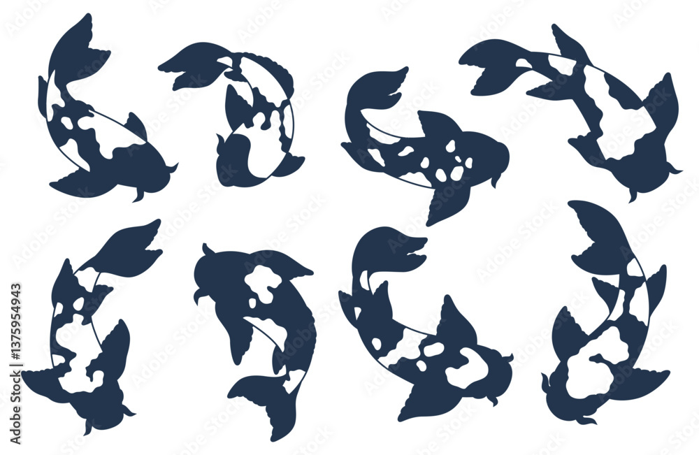 Silhouettes of koi fish. Different poses Japanese carp spotted pattern, swimming top view, decorative oriental symbol. Logo design element. Asian traditional fishes. Vector flat isolated set