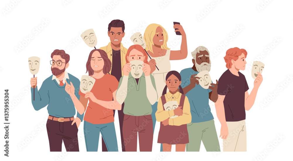 Obraz premium People group with social masks. Angry, sad persons holding fake smiling faces standing, character negative emotion, psychological problem, cartoon flat style isolated tidy vector concept