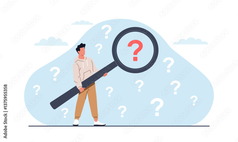 Man looking for answers to questions. Character hold magnifying glass, boy finding information, solving problems, FAQ, education development symbol, cartoon flat isolated vector concept