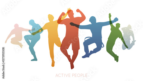 Jumping people color silhouettes. Party time, happy guys, girls, positive emotions, friends group, active lifestyle, active colorful characters, isolated background decent vector concept