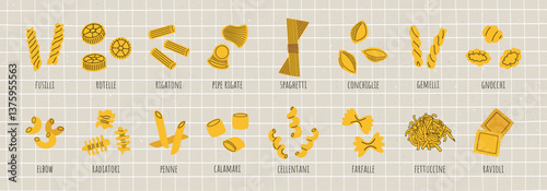 Big collection of various pasta types. Vector illustration of Italian macaroni in cartoon style with outlines on cute light background.