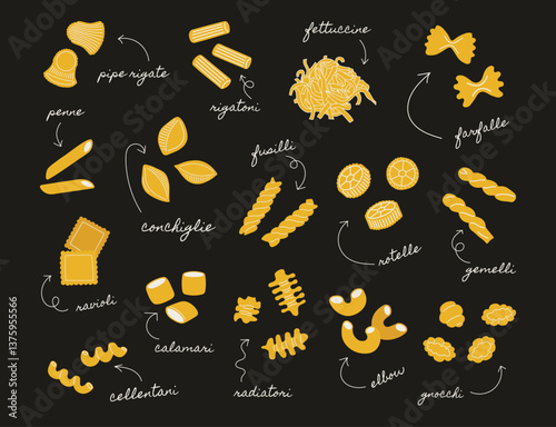 Illustration of different pasta types. Vector illustration of various Italian macaroni isolated on black background.