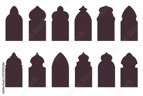 Islamic window shapes. Oriental traditional doors and arches, silhouette arab elements, ramadan frames templates, classic architectural geometric object, isolated border, splendid vector set