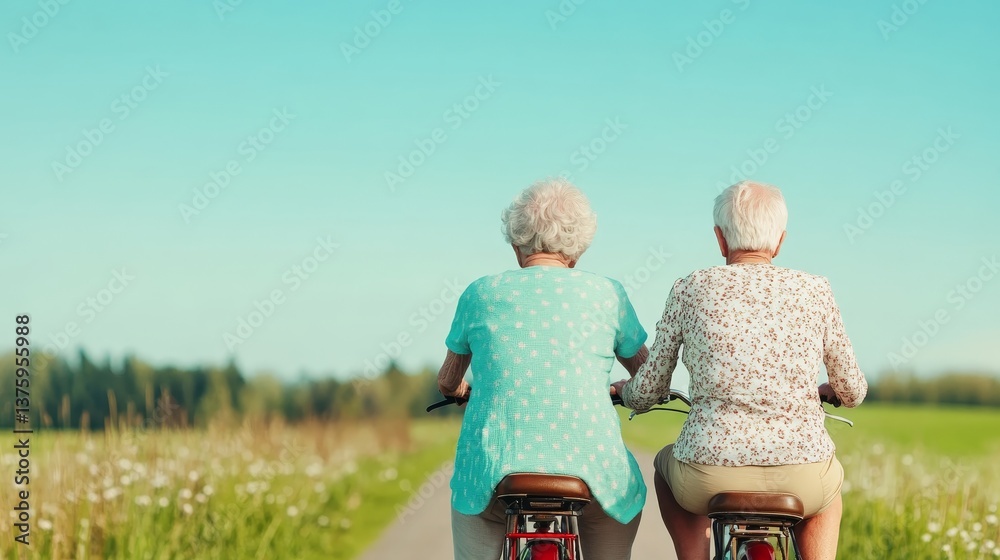 Two elderly women riding bicycles on a countryside path enjoying active retirement, friendship and freedom in nature