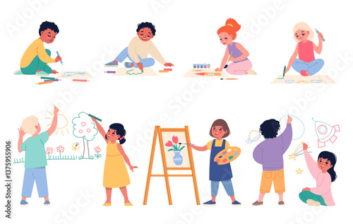 Cute children draw. Kids make drawings, young artists with pencils, brushes and crayons, boys and girls create pictures, easel and palette, cartoon flat style isolated classy vector set