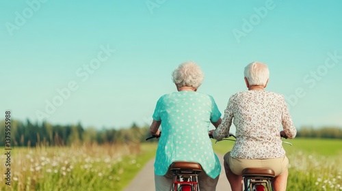 Obraz na płótnie Two elderly women riding bicycles on a countryside path enjoying active retirement, friendship and freedom in nature w salonie