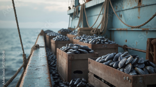 Mussels being harvested and collected on a fishing boat at sea during early morning light