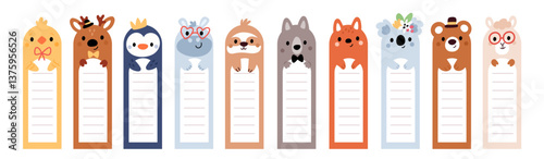 Animal bookmarks templates. Cute kids paper stickers, decorative cardboard labels with bear, penguin, chicken and deer, copy space for text cartoon flat style isolated garish vector set