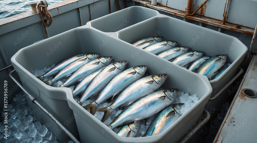 Fototapeta premium Fresh catch of the day displayed in insulated containers on a fishing vessel at sea