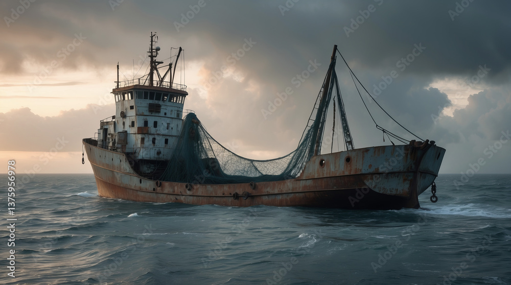 Fototapeta premium Weathered fishing vessel navigating rough ocean waters during a dramatic sunset over the horizon