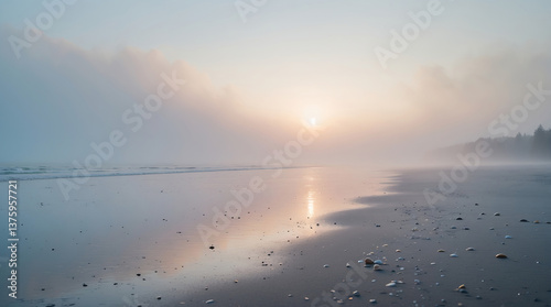 Sunrise over misty beach with gentle waves and soft reflections on the sand at early morning