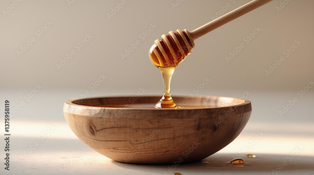 Honey drips from a wooden dipper into a rustic bowl on a softly lit surface Honey drips from a wooden dipper into a rustic bowl on a softly lit surface
