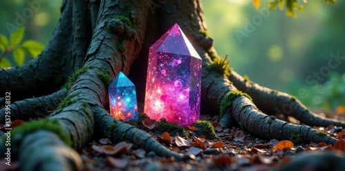 Aural crystals nestled in the roots of an ancient tree , organic, crystal
