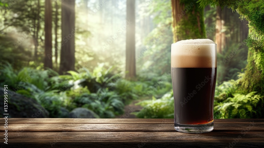 Dark ale in a fancy glass sits on a rustic table, showcased against a lush green moss wall and a bright window view Dark ale in a fancy glass sits on a rustic table, showcased against a lush green moss wall and a bright window view