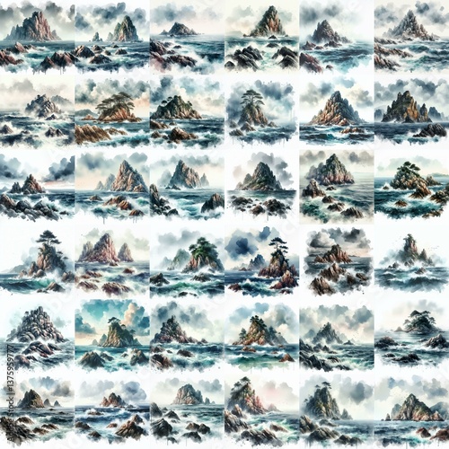 Watercolor drawing of rocky island and storm sea. AI generated illustration