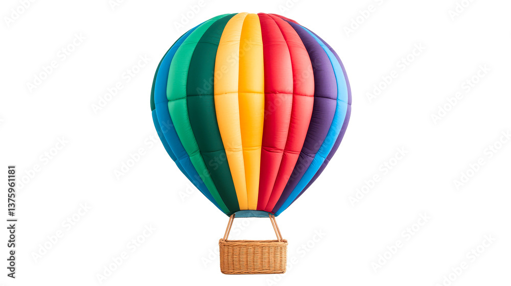 Obraz premium Bright multicolored hot air balloon, wicker basket, cut out transparent