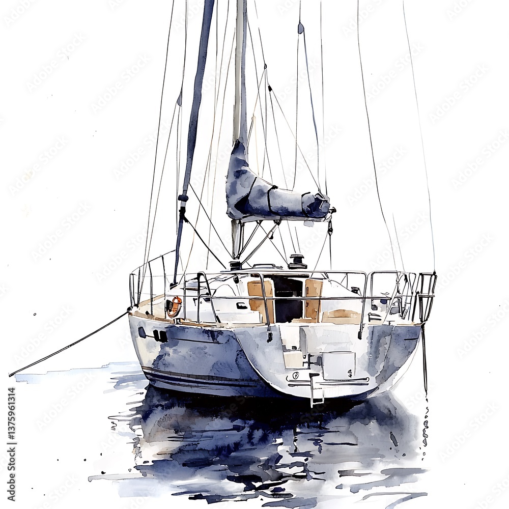Obraz premium Watercolor Painting of a Sailboat Moored in Calm Waters. A serene artistic depiction of a yacht at rest.