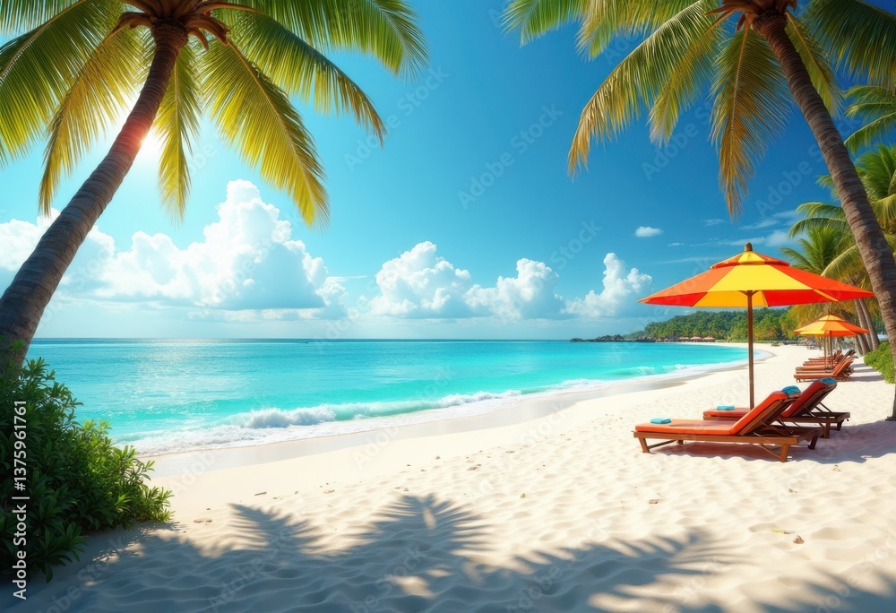 tropical beach vibrant colorful umbrellas white sand ocean blue sky relaxing paradise oasis coastal scene, palm, water, shore, wave, sea, dune, sunset, island tropical beach vibrant colorful umbrellas white sand ocean blue sky relaxing paradise oasis coastal scene, palm, water, shore, wave, sea, dune, sunset, island
