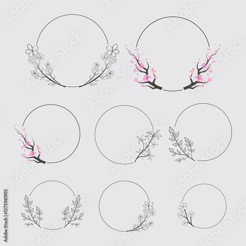 Floral Circle Frames with Cherry Blossoms and Flowers