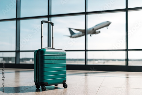 Suitcase waits at airport terminal as plane takes off, symbolizing travel..