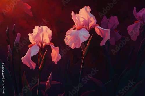 Realistic oil painting of pink irises against a dark background