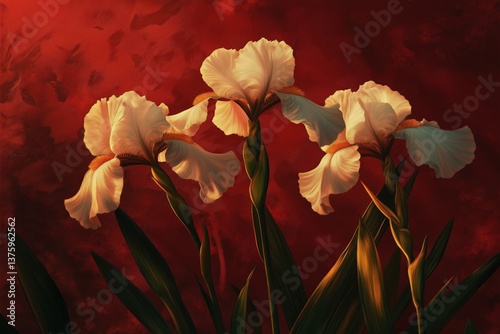 Realistic white iris flowers against a vivid red background