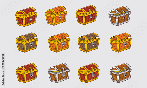 Colorful Wooden Treasure Chests with Decorative Design in Rows
